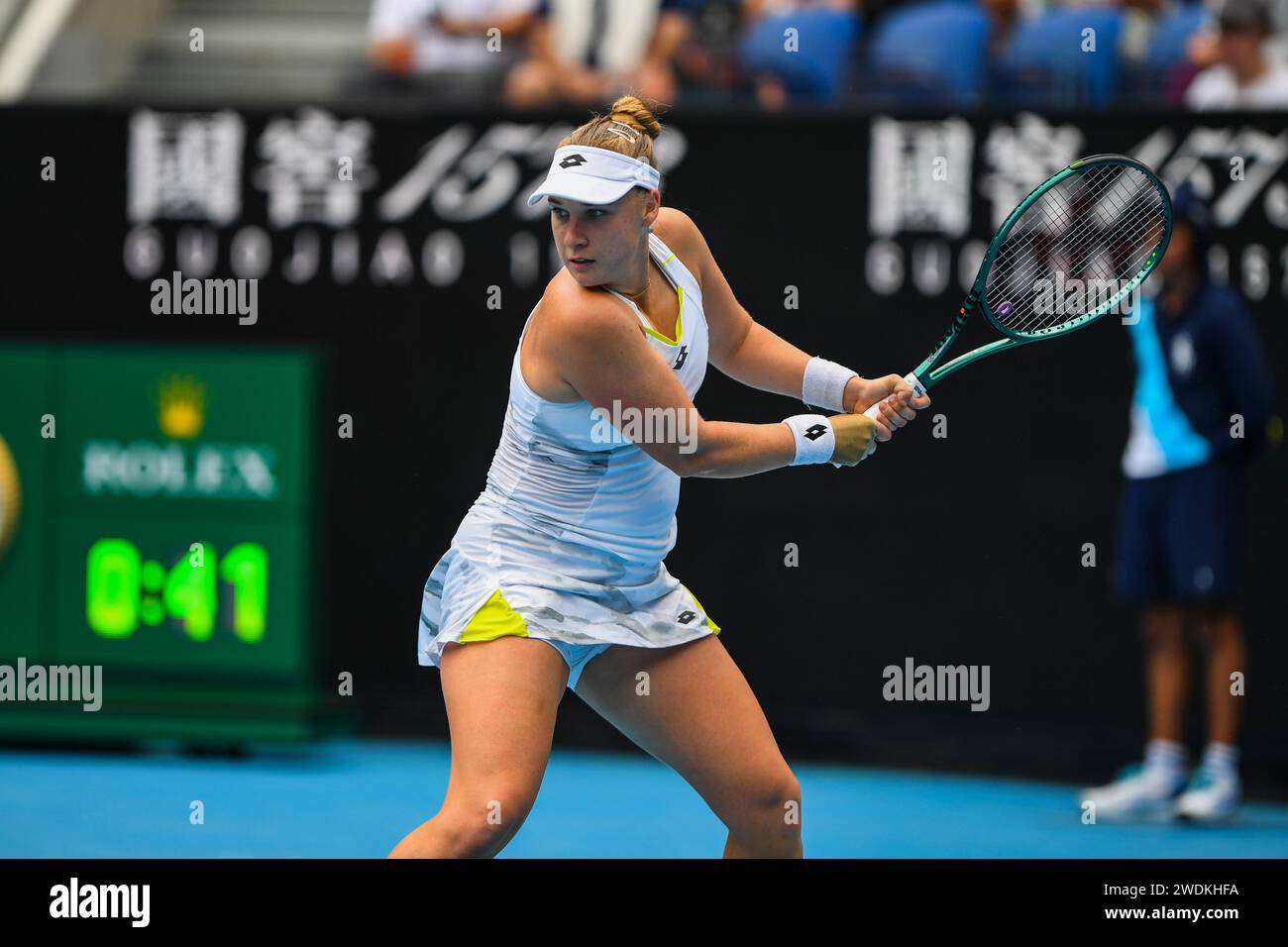 Anna Blinkova of Russia plays against Jasmine Paolini of Italy (not in picture) during Round 3 match of the Australian Open Tennis Tournament at Melbourne Park. Paolini wins Blinkova in 2 sets with a score 7-6, 6-4. Stock Photo