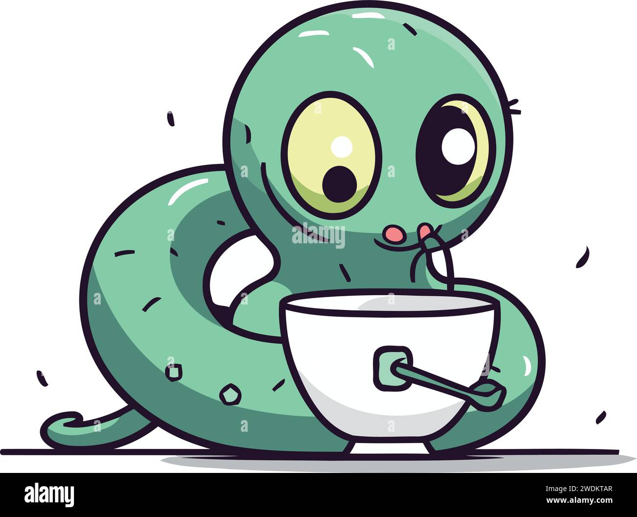 Cute green snake character with cup of coffee. Vector illustration ...