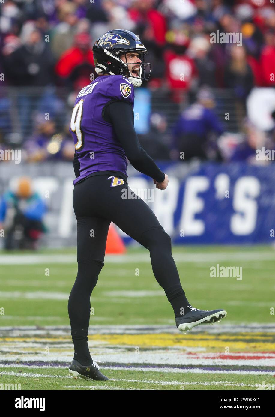 Baltimore, MD, USA. 20th Jan, 2024. Baltimore Ravens K Justin Tucker (9) reacts after his first-quarter field goal against the Houston Texans in the AFC divisional playoff round at M&T Bank Stadium in Baltimore, MD. Photo/ Mike Buscher/Cal Sport Media/Alamy Live News Stock Photo