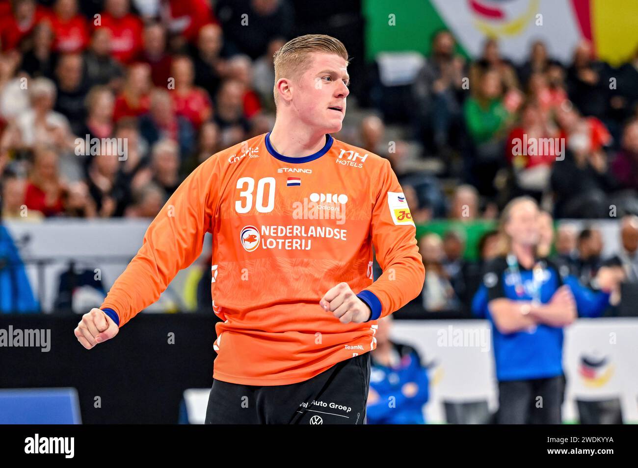 Hamburg, Germany. 21st Jan, 2024. HAMBURG, GERMANY - JANUARY 21: Arjan Versteijnen of The Netherlands celebrates a goal during the EHF Euro 2024 Main Round match between Slovenia and Netherlands at Barclays Arena on January 21, 2024 in Hamburg, Germany. (Photo by FotoReza/Orange Pictures) Credit: dpa/Alamy Live News Stock Photo