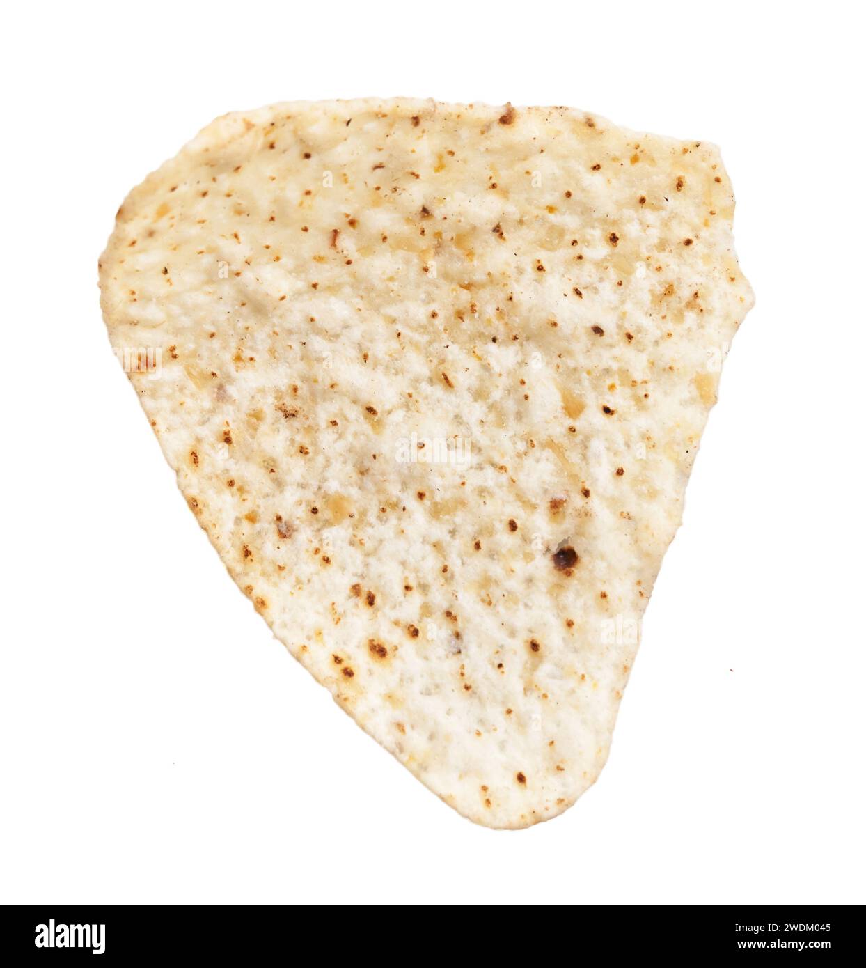 Single triangular tortilla chip isolated on a white background, representing mexican cuisine. Stock Photo