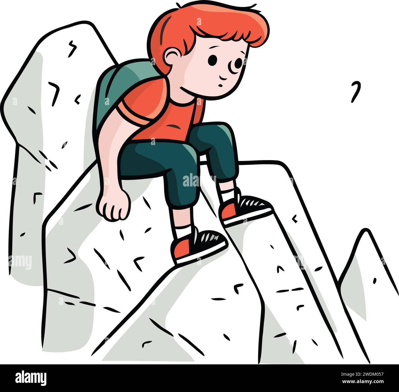 Little boy climbing on a cliff. Vector illustration in cartoon style. Stock Vector
