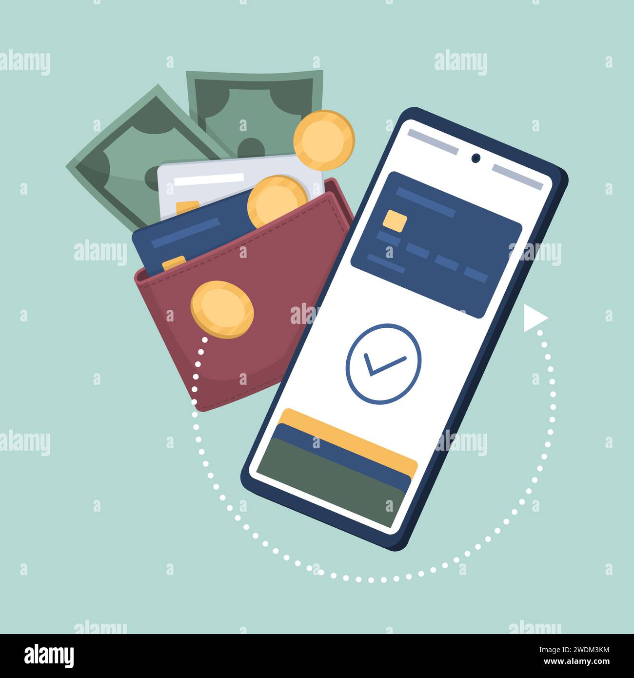Digital wallet app on smartphone, wallet holding credit cards and cash