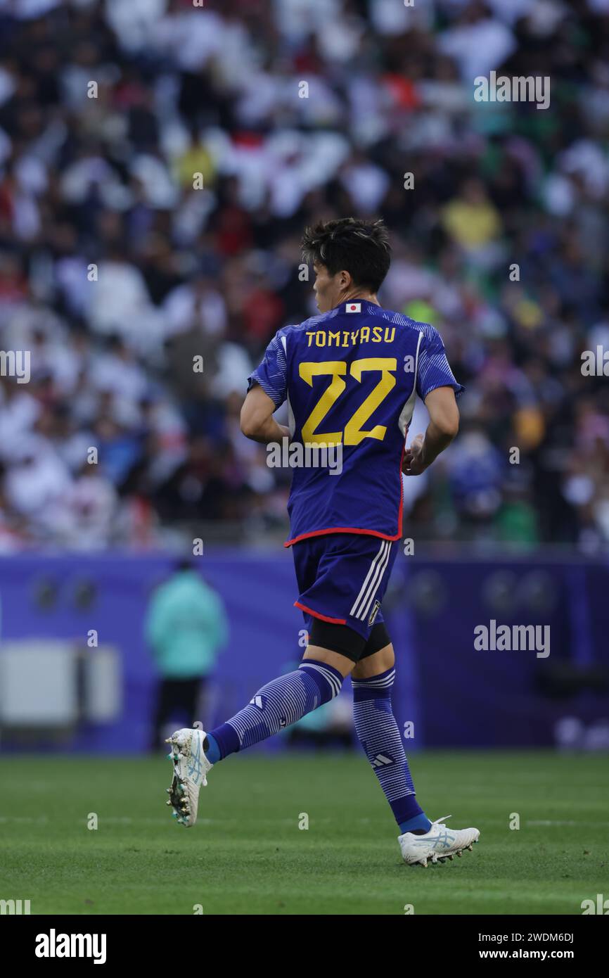 Qatar, Al Rayyan 19 January 2024 - Takehiro Tomiyasu of Japan during the match between Iraq and Japan at AFC Asia Cup  group stage match at Education Stock Photo