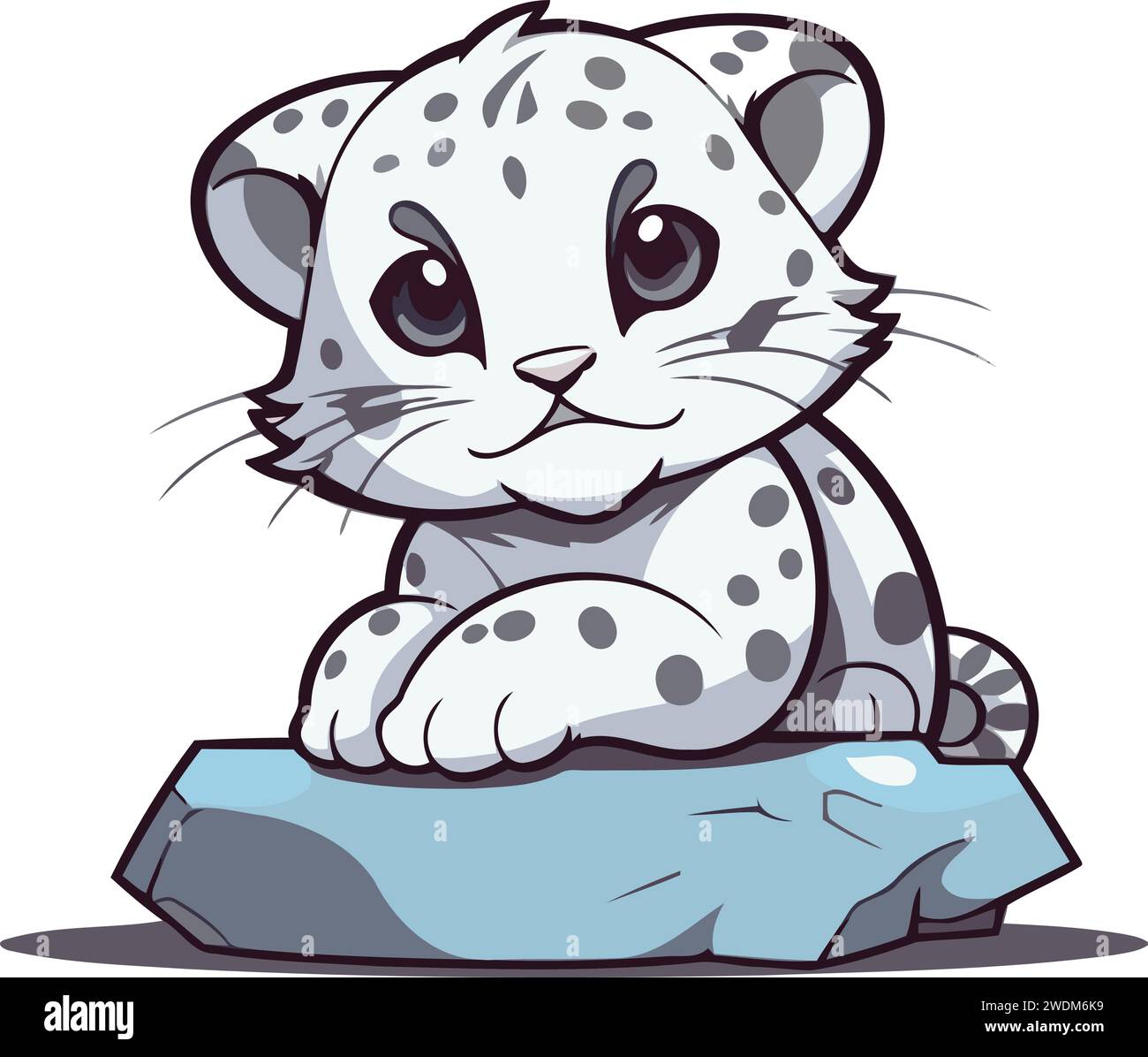 Cute cartoon snow leopard sitting on a rock. Vector illustration Stock Vector