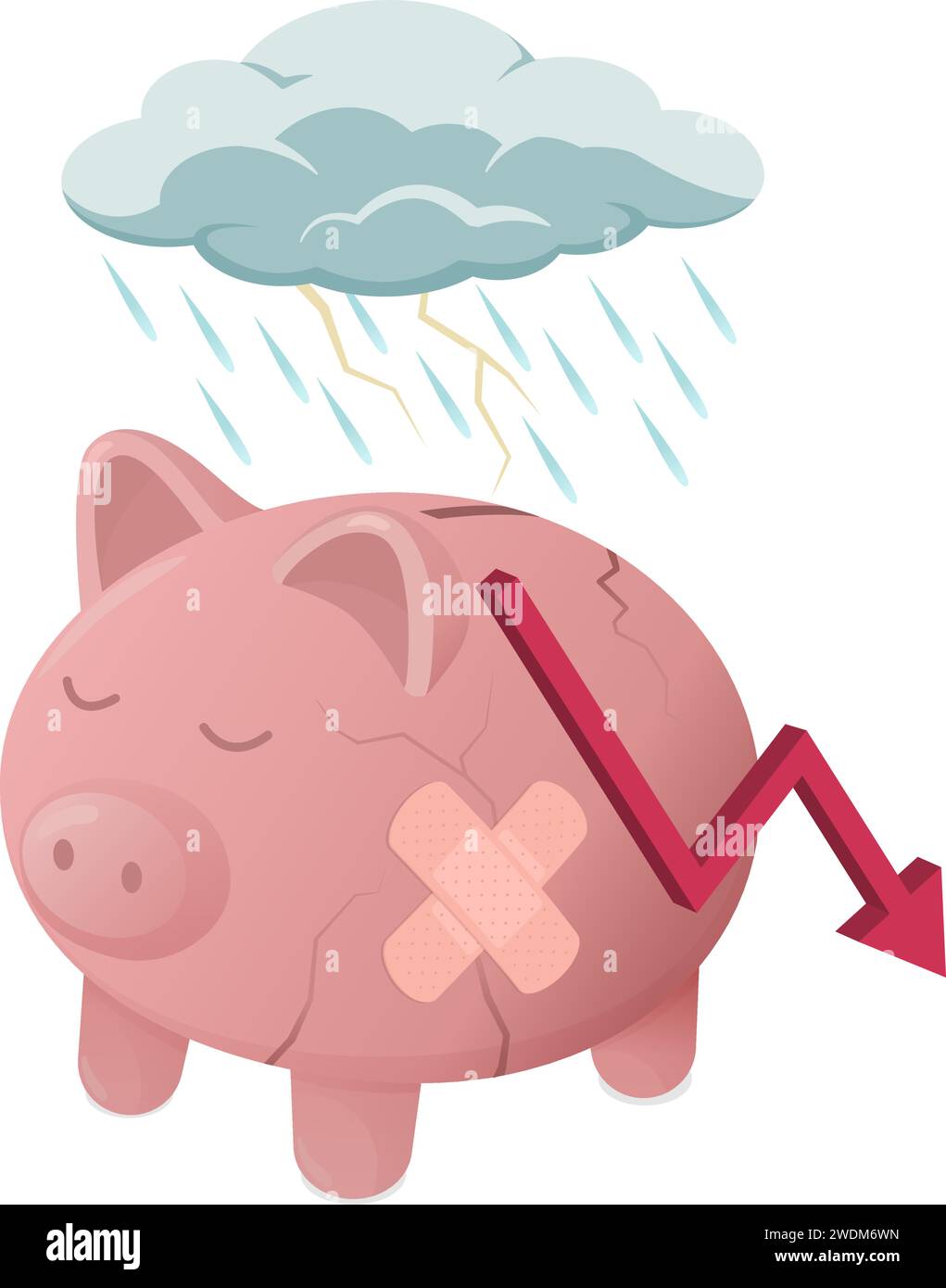 Broken sad piggy bank under the rain: financial failure and loss concept Stock Vector