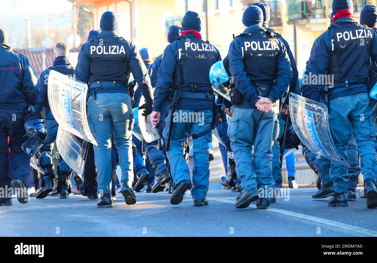 Vicenza, VI, Italy January 20, 2024 Italian police in riot gear
