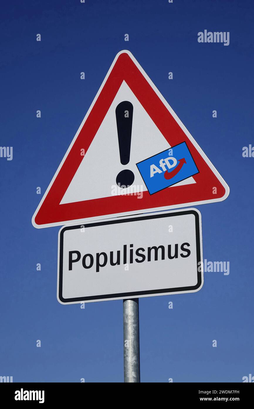 Verkehrszeichen mit AfD-Symbol und Populismus Verkehrszeichen mit AfD-Symbol und Populismus, 21.01.2024, Borkwalde, Brandenburg, Unter einem Verkehrszeichen mit einem AfD-Symbol steht der Schriftzug Populismus. *** Traffic sign with AfD symbol and populism Traffic sign with AfD symbol and populism, 21 01 2024, Borkwalde, Brandenburg, Under a traffic sign with an AfD symbol is the lettering Populism Stock Photo