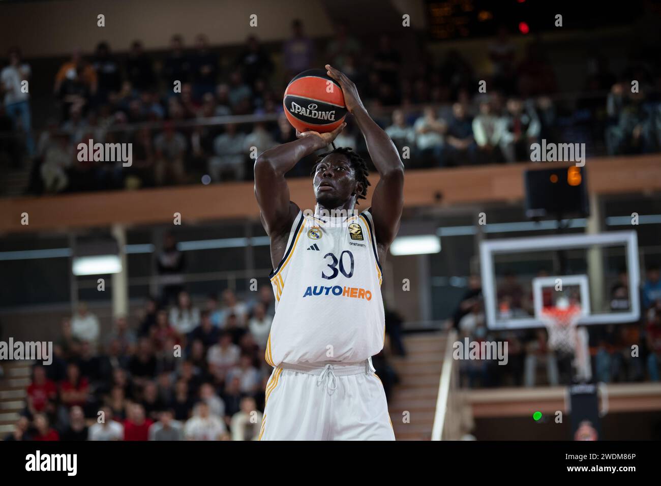 Madrid player #30 Eli Ndiaye is seen in action during the Turkish Airlines Euroleague match between AS Monaco and Real Madrid at the Gaston-Medecin hall in Monaco. Final score: AS Monaco 90 - 74 Real Madrid. Stock Photo