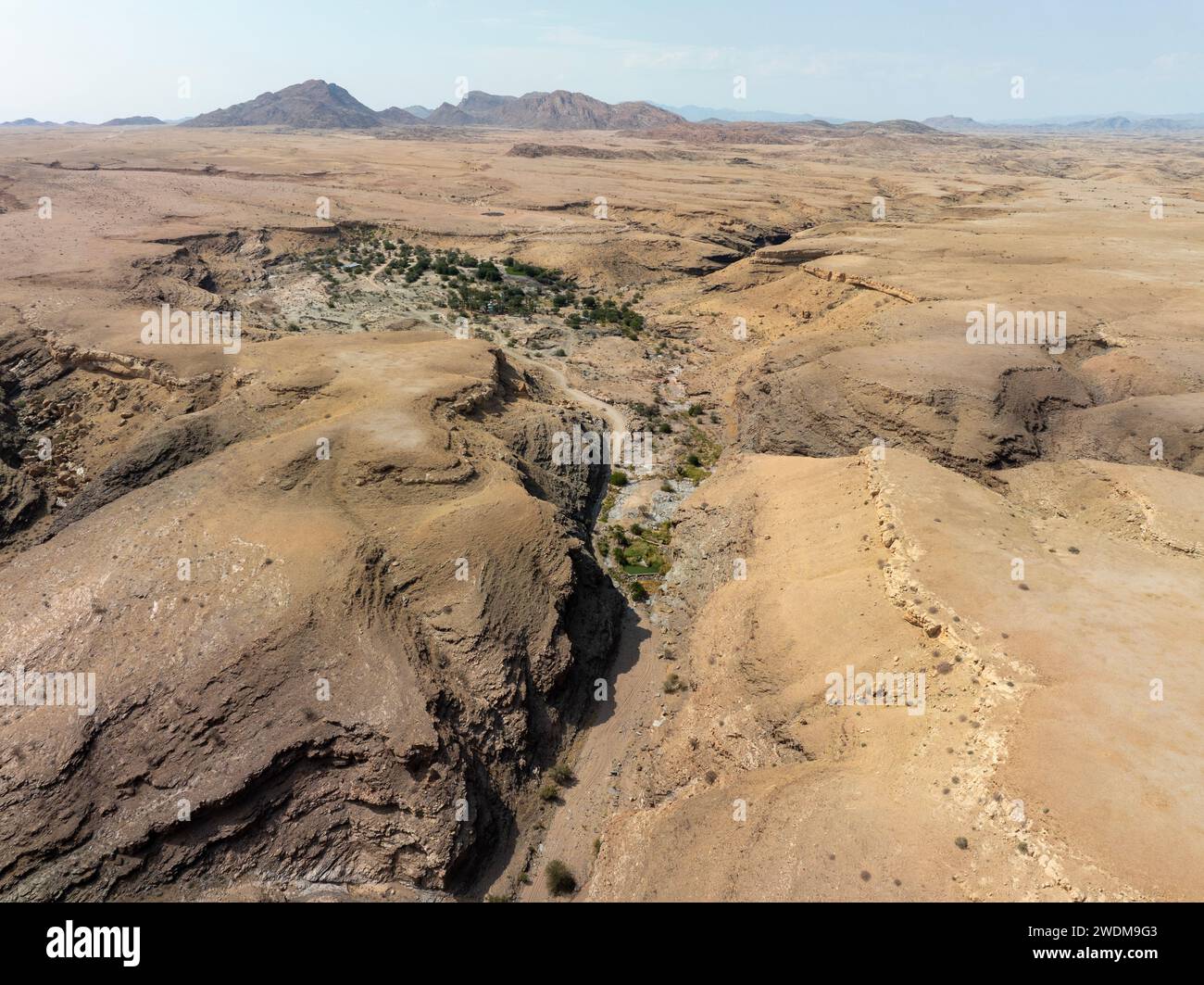 Aerial view of Gaub river canyon viewed by drone from the C14 Road to Walvis Bay, nearby Kuiseb Pass, Namibia Stock Photo
