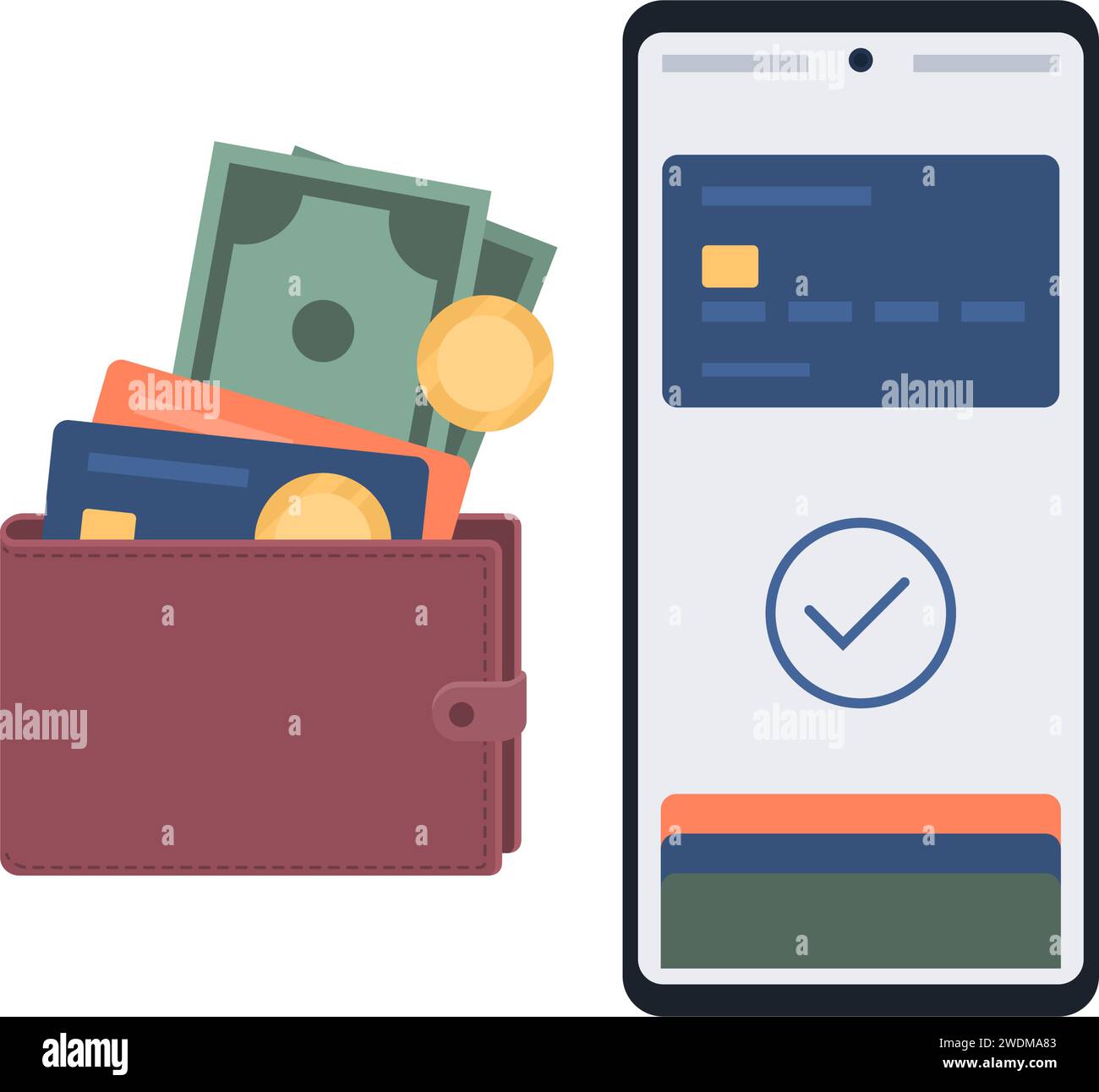 Digital wallet app on smartphone, wallet holding credit cards and cash money Stock Vector