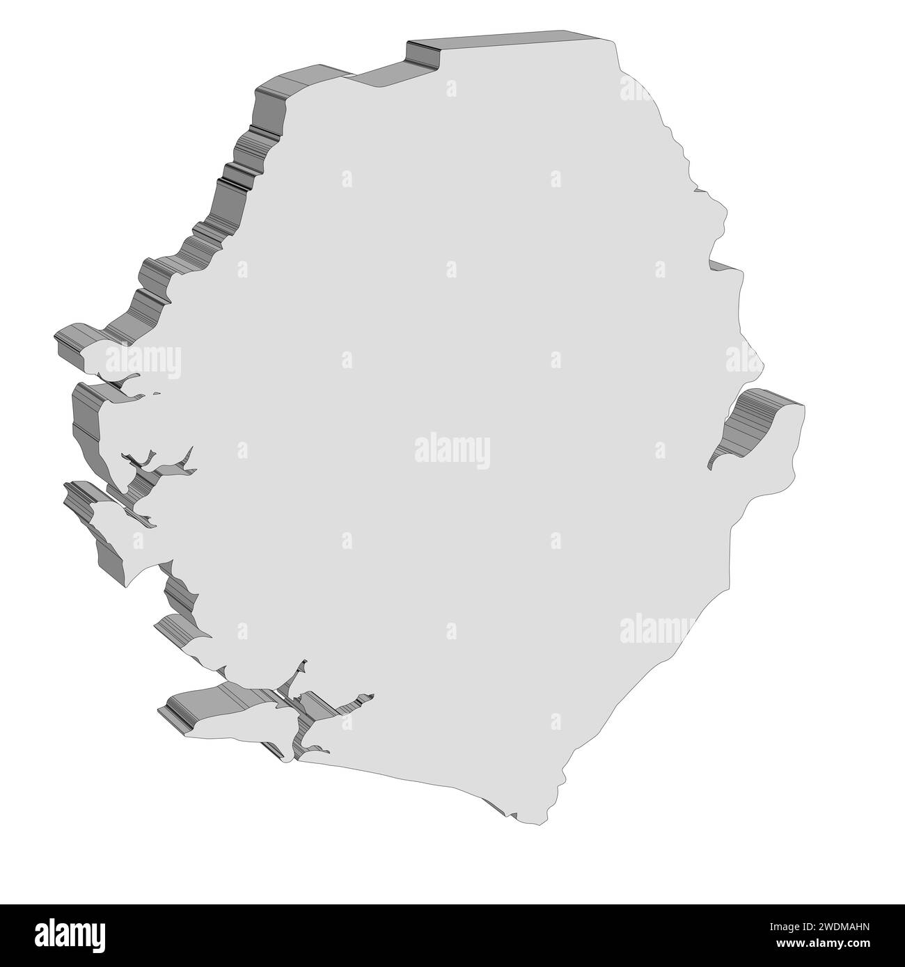 3D Silhouette map of the African country of Sierra Leone isolated on a ...