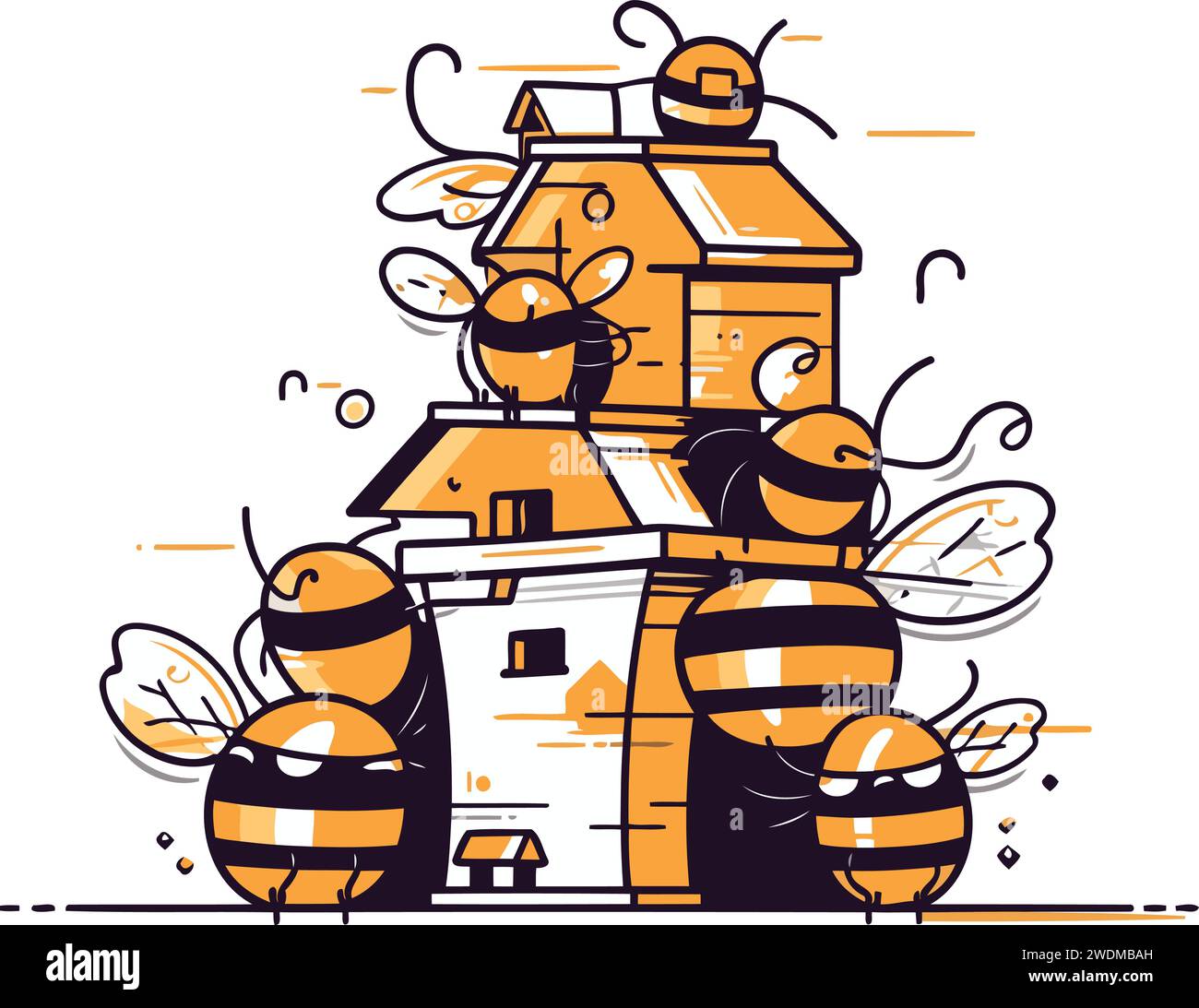 Honey bees flying around the house. Vector illustration in doodle style