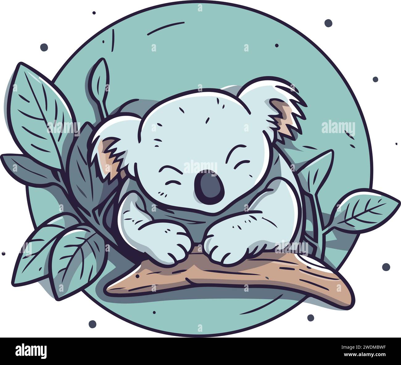 Cute koala sitting on a branch with leaves. Vector illustration. Stock Vector