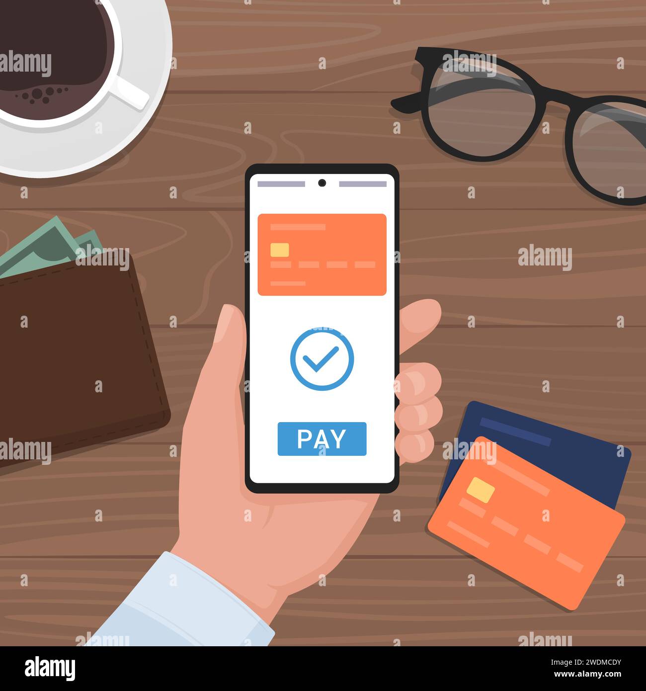 User paying online using his smartphone, digital wallet concept Stock Vector