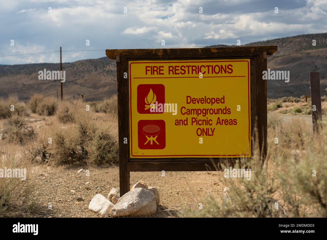 Fire restrictions warning sign in Nevada Desert. Camp fires and charcoal grills restricted to