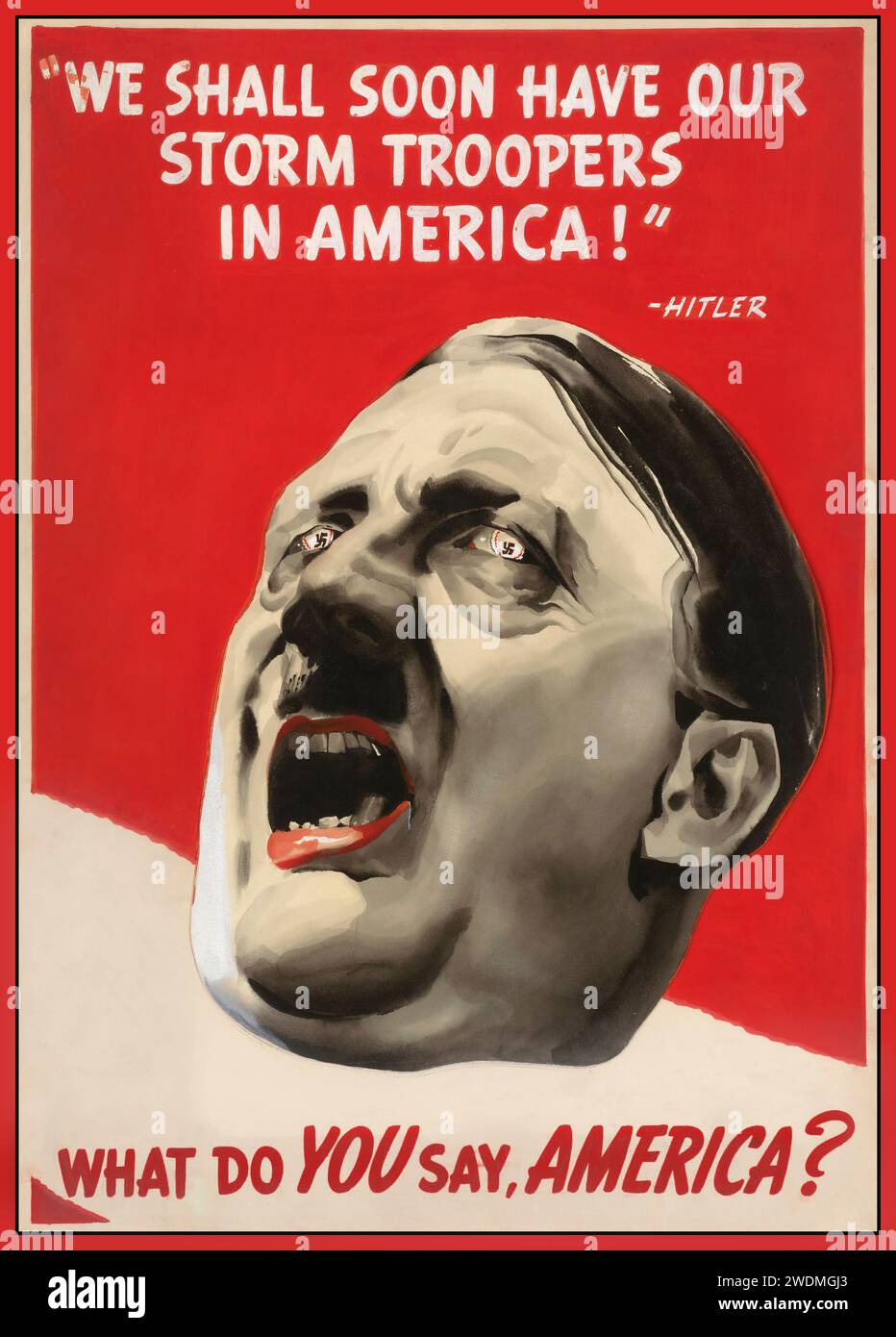 ADOLF HITLER DEMONIC ILLUSTRATION 1940s WW2 Propaganda Poster illustrating a demonic Adolf Hitler saying 'We shall soon have our Storm Troopers in America' World War II Second World War America USA Stock Photo