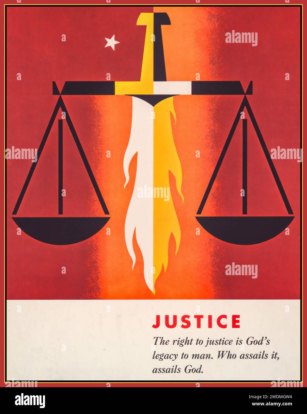 'Justice' vintage 1950s poster illustration. The right to justice is God's legacy to man. Who assails it, assails God. Creator(s): Binder, Joseph, 1898-1972, artist Date Created/Published: [Washington, D.C.,] : U.S. Government Printing Office, 1957. (poster format) Stock Photo
