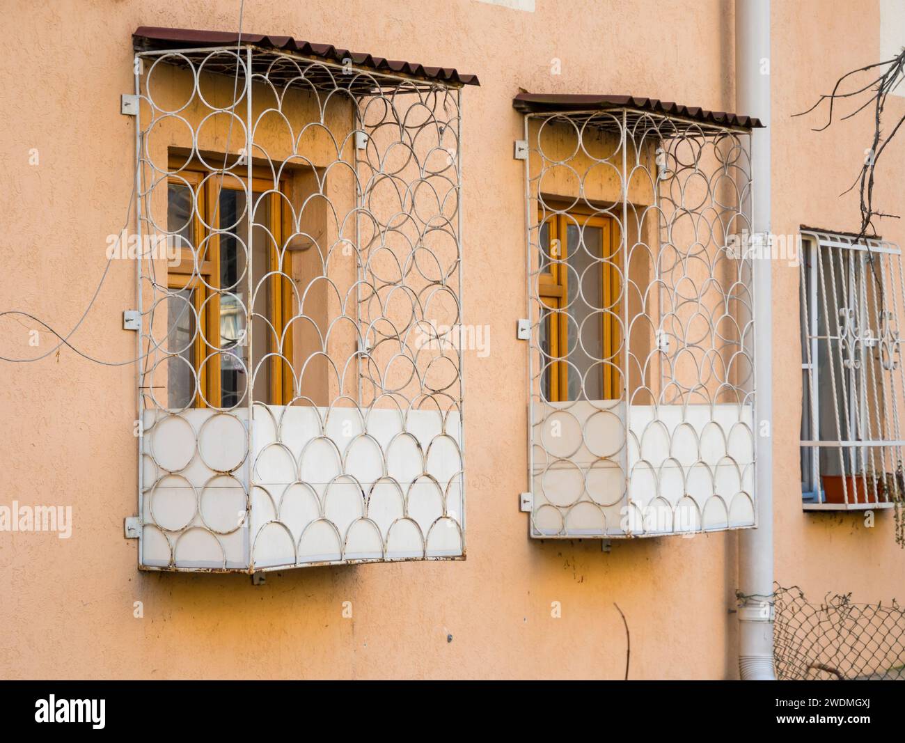 Latticed window railings in the form of a box Stock Photo