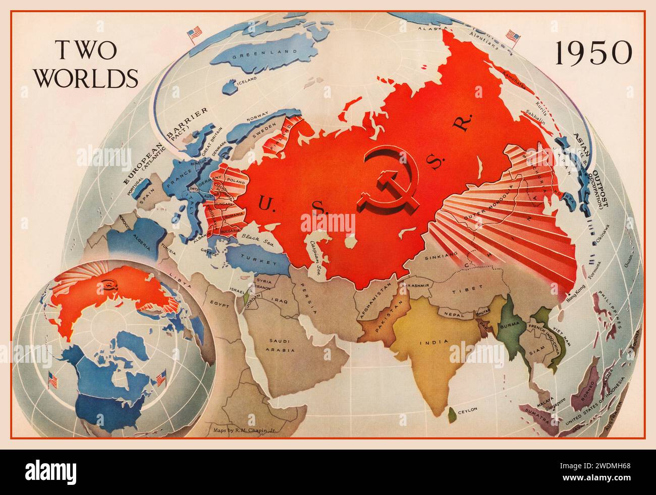 1950 USSR/USA 'Two Worlds' map, the dark red of the USSR fills the space, while the U.S. is barely visible over the horizon. Soviet hammer and sickle emblem dominates the American flag in distance. The accordion-pleated extensions of Soviet Union USSR into Eastern Europe and Asia magnify the effect. This map 'is typical of many anti-communist maps that appeared in national news journals around 1950. These maps used a north polar projection because seeing the northern latitudes emphasized the closeness of the USSR Soviet Union to the United States. Stock Photo