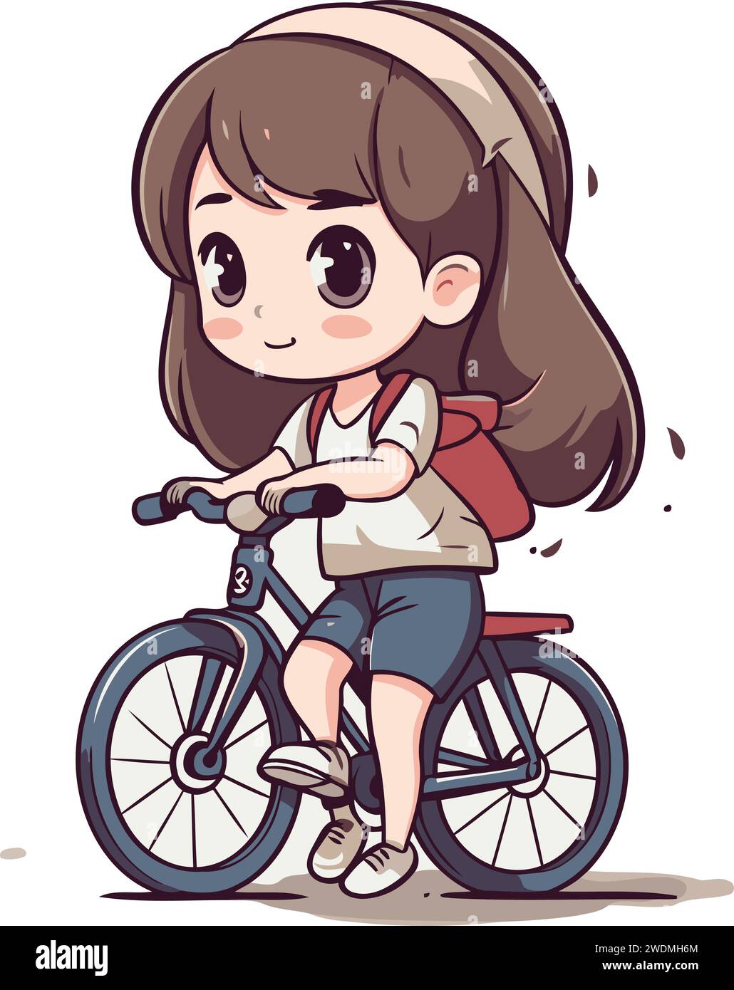 Cute little girl in school uniform riding bicycle. Vector illustration. Stock Vector