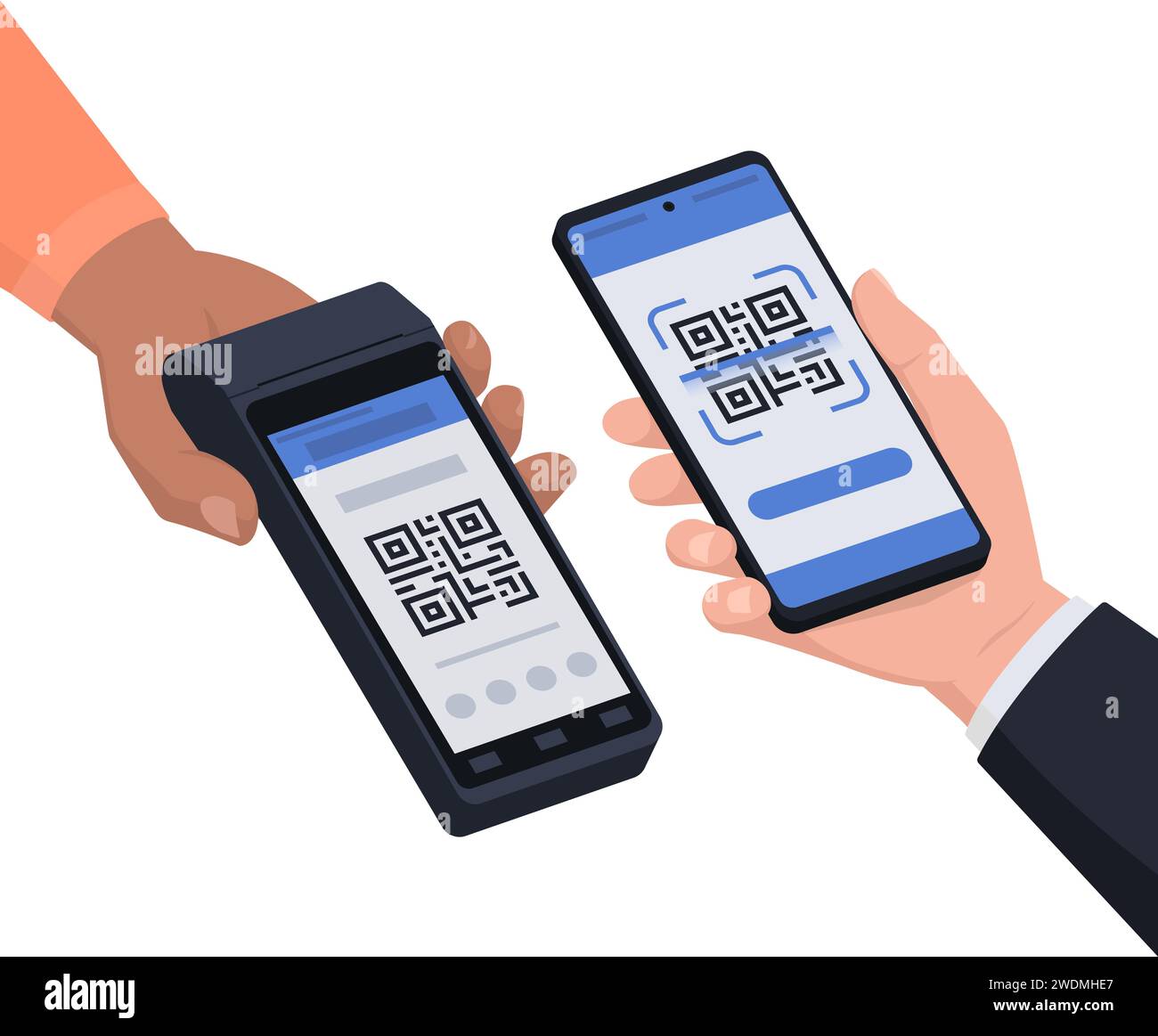 QR code payment: retailer holding a POS machine and customer scanning the QR code Stock Vector