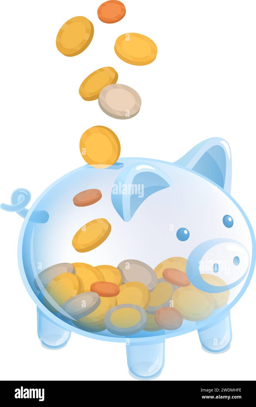 Coins falling inside a transparent glass piggy bank, savings and investments concept Stock Vector