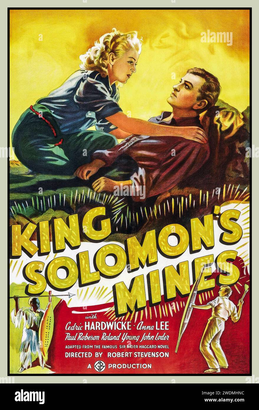 Vintage Movie Poster 'KING SOLOMONS MINES' King Solomon's Mines is a 1937 British adventure film directed by Robert Stevenson and starring Paul Robeson, Cedric Hardwicke, Anna Lee, John Loder and Roland Young. A film adaptation of the 1885 novel of the same name by Henry Rider Haggard, the film was produced by the Gaumont British Picture Corporation at Lime Grove Studios in Shepherd's Bush. Sets were designed by art director Alfred Junge. Of all the novel's adaptations, this film is considered to be the most faithful to the book. Stock Photo