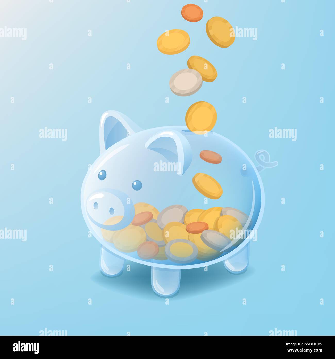 Coins falling inside a transparent glass piggy bank, savings and investments concept Stock Vector