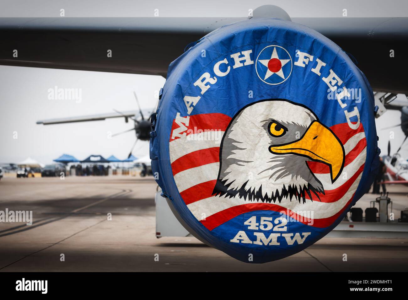 A cover on the engine of a US Air Force KC-135 Stratotanker on display at America's Airshow Stock Photo