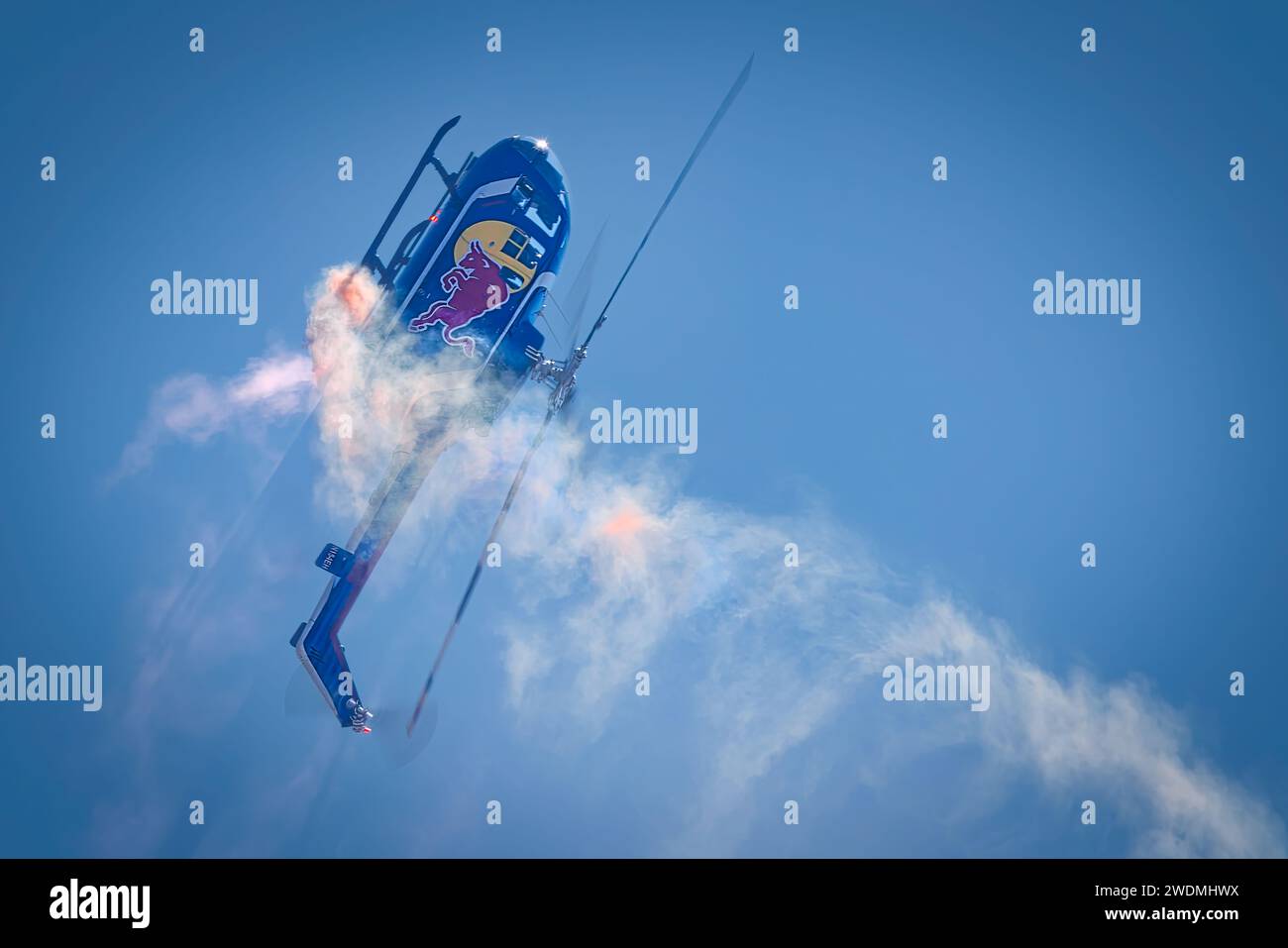 Red Bull's Aerobatic Helicopter flown by pilot Aaron Fitzgerald at America's Airshow 2023 in Miramar, California. Stock Photo