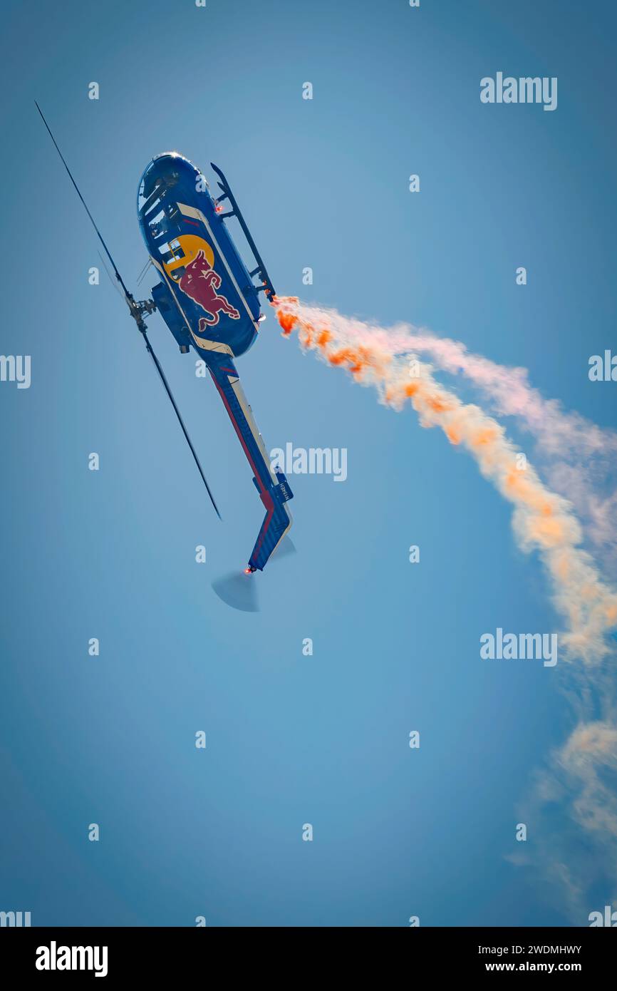 Red Bull's Aerobatic Helicopter flown by pilot Aaron Fitzgerald at America's Airshow 2023 in Miramar, California. Stock Photo