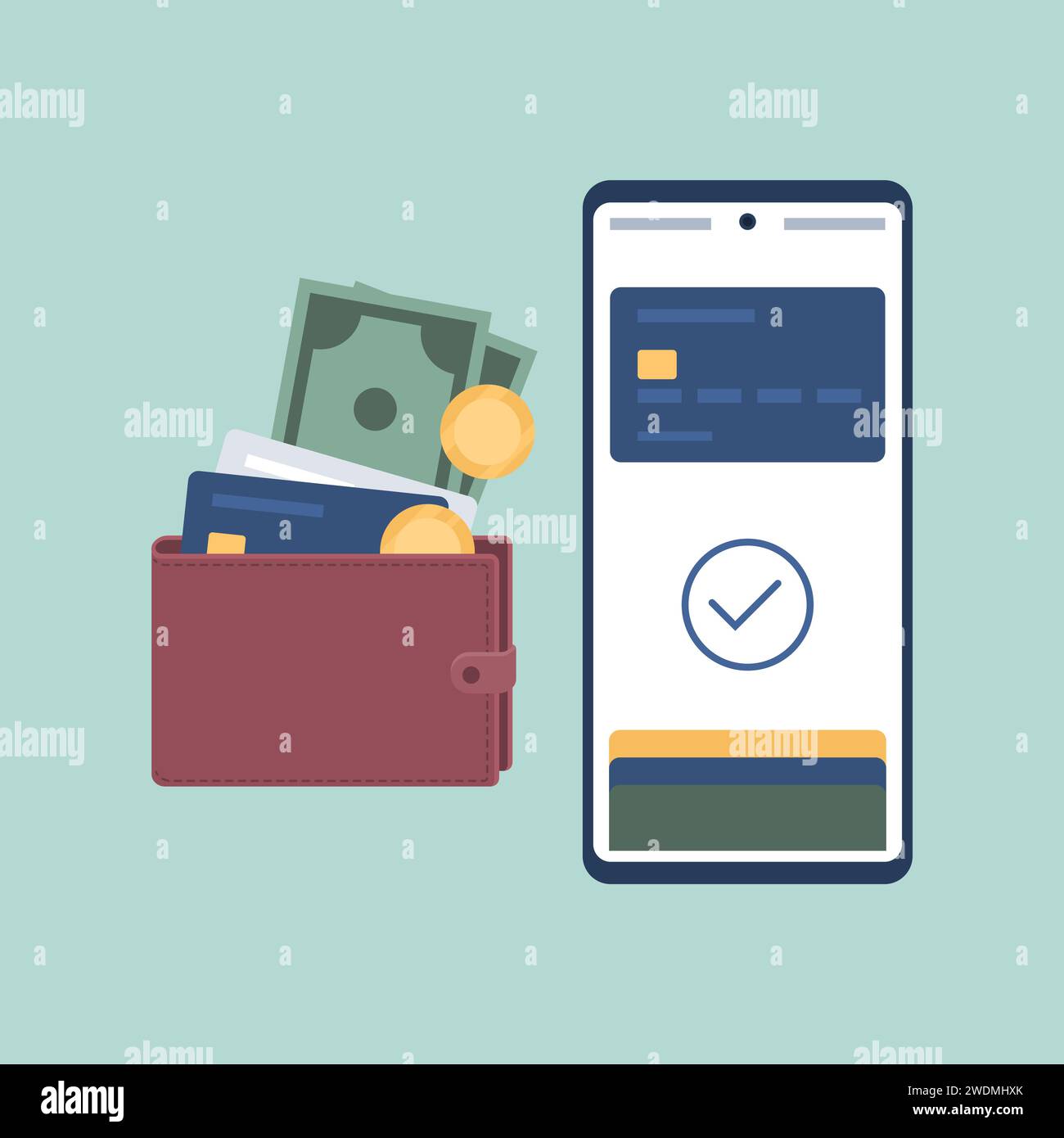 Digital wallet app on smartphone, wallet holding credit cards and cash money Stock Vector