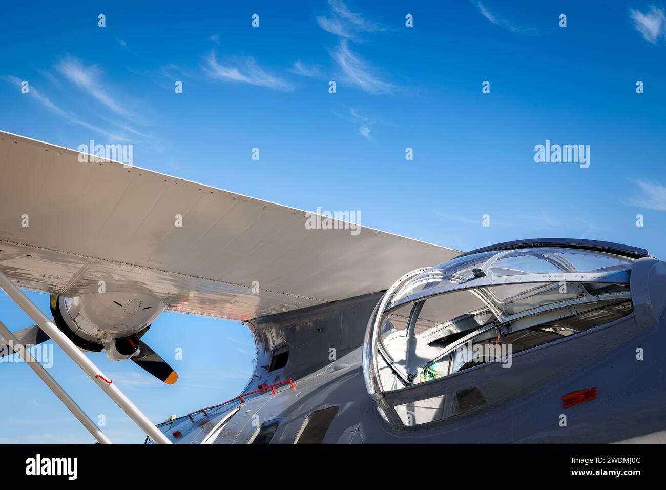 The side bubble window of a PBY Catalina flying boat, one of the most widely used seaplanes of WWII, at America's Airshow 2023 in Miramar, California. Stock Photo