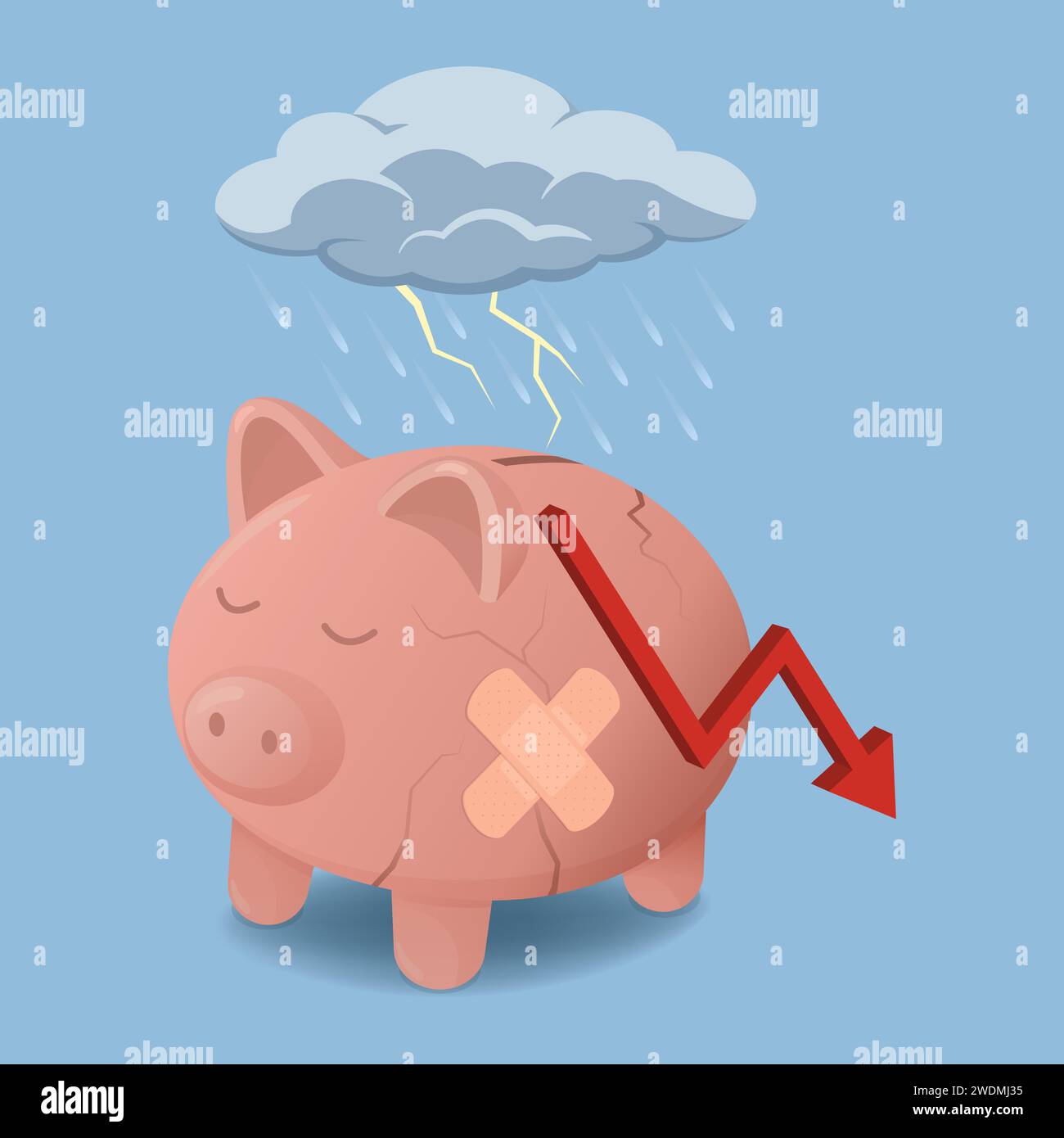 Broken sad piggy bank under the rain: financial failure and loss concept Stock Vector