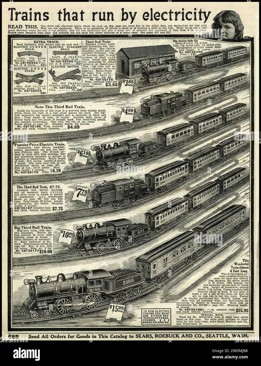 1916 vintage model toy trains railway catalogue page of electric toy trains. Some of these trains were operated by electricity and some had a clockwork motor that was wound with a key. Extra track, a train station and other accessories were also available to purchase. The pages are from a 1916 Sears Roebuck and Co. catalogue. Stock Photo