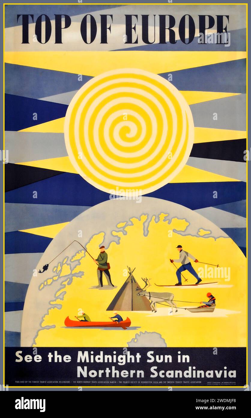 Scandinavia Top of Europe Original vintage travel poster advertising Scandinavia, Top of Europe - See the Midnight Sun in Northern Scandinavia. Poster of a swirling stylised sun above the world featuring people fishing, cross-country skiing, riding a reindeer sledge and rowing a canoe on the area of Scandinavia. Published by the Finnish Tourist Association, North Norway Travel Association, Tourist Society of Norrbotten and Swedish Tourist Traffic Association.  Travel Poster, Sweden, 1950s, design by Bengt Stock Photo