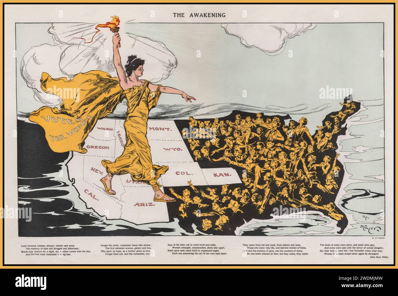 SUFFRAGE ILLUSTRATION MAP 1915 'THE AWAKENING'  A striking  'suffrage map,' which played a major role in the successful fight for women's suffrage in the U.S.  Lady Liberty, wearing a cape labeled 'Votes for Women,' stands astride the states (colored white) that had adopted suffrage. She holds aloft her torch, bringing 'enlightenment' to women in those states still in the dark. This map appeared in the magazine Puck during the Empire State Campaign, illustrator Henry 'Hy' Mayer, a German-born artist who was Puck's chief cartoonist at the time this was published.. Stock Photo