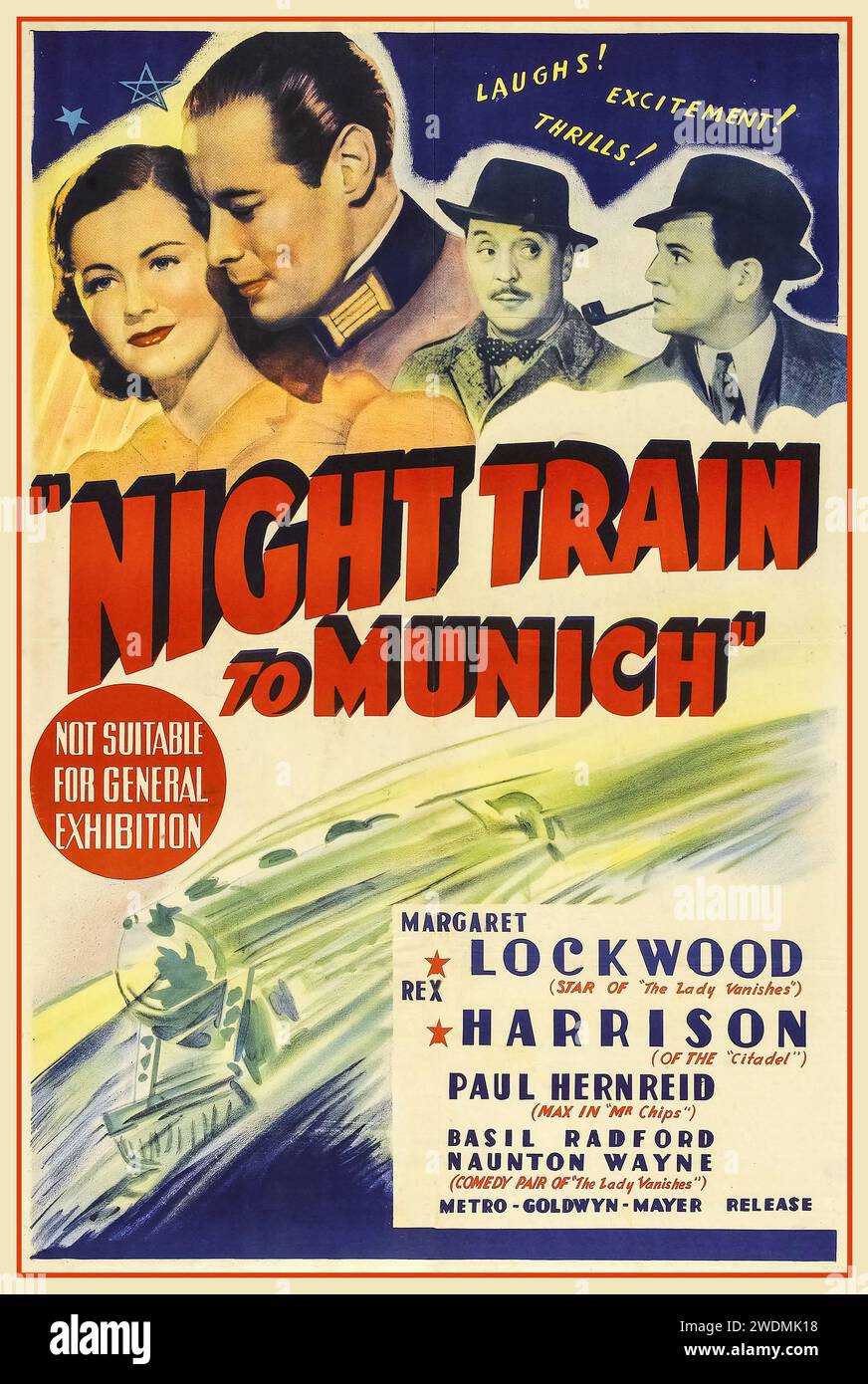 Vintage 1940 Movie Poster 'Night Train to Munich' starring Margaret Lockwood, Rex Harrison, Paul Hernreid, Basil Radford, Naunton Wayne,  Night Train to Munich is a 1940 British thriller film directed by Carol Reed and starring Margaret Lockwood and Rex Harrison. Written by Sidney Gilliat and Frank Launder, based on the 1939 short story Report on a Fugitive by Gordon Wellesley, the film is about an inventor and his daughter who are kidnapped by the Gestapo after the Nazis march into Prague in the prelude to the Second World War. Stock Photo