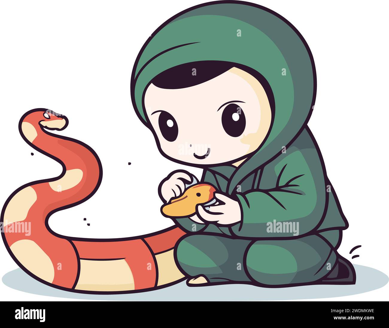 Cute boy playing with snake. Vector illustration in cartoon style Stock