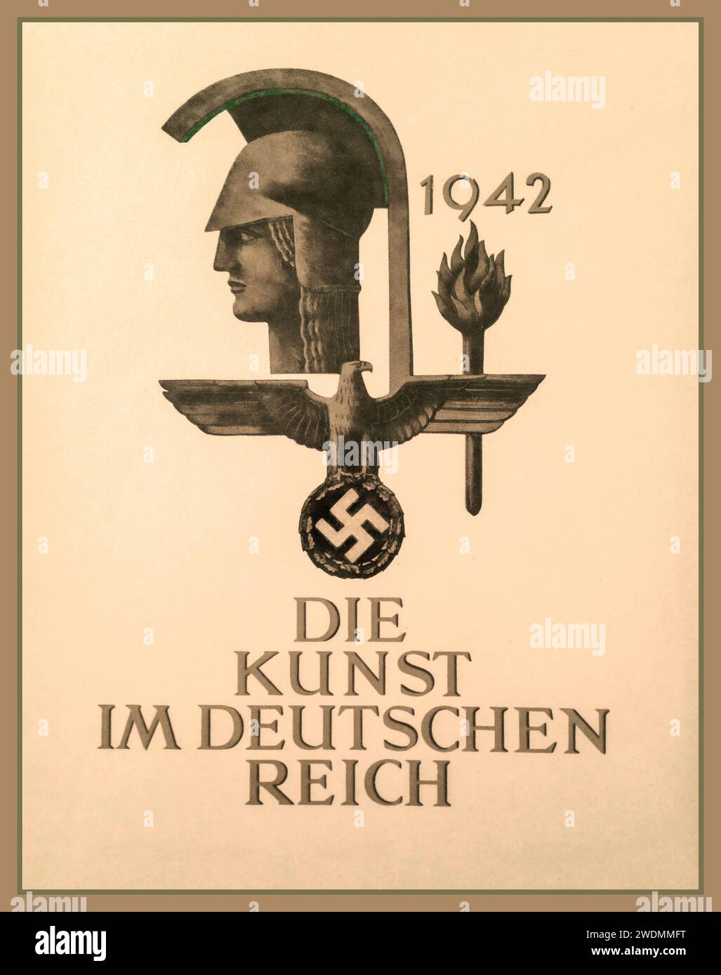 Nazi Propaganda Magazine Page 'Die Kunst Im Deutschen Reich ART IN THE THIRD REICH – 1942 Issue.  Magazines were published from 1937 through til the end of WW2  They are large 11 x 14 inch heavily illustrated magazines that displayed the propaganda art in the German Reich.    Initially, they were published by Gauleiter Adolf Wagner.  After the first six months, the format was changed and was then being published at the personal direction of Nazi Fuhrer Adolf Hitler. Stock Photo