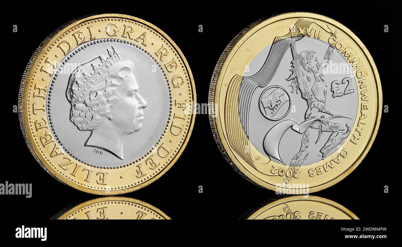 £2 coin to commemorate 2002 Commonwealth Games held in Manchester. This coin features the Welsh flag on the reverse Stock Photo