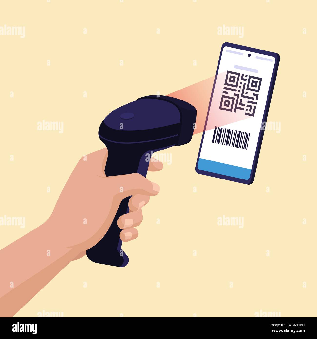 Scanner recognizing and reading a QR code on smartphone screen, QR code payments concept Stock Vector