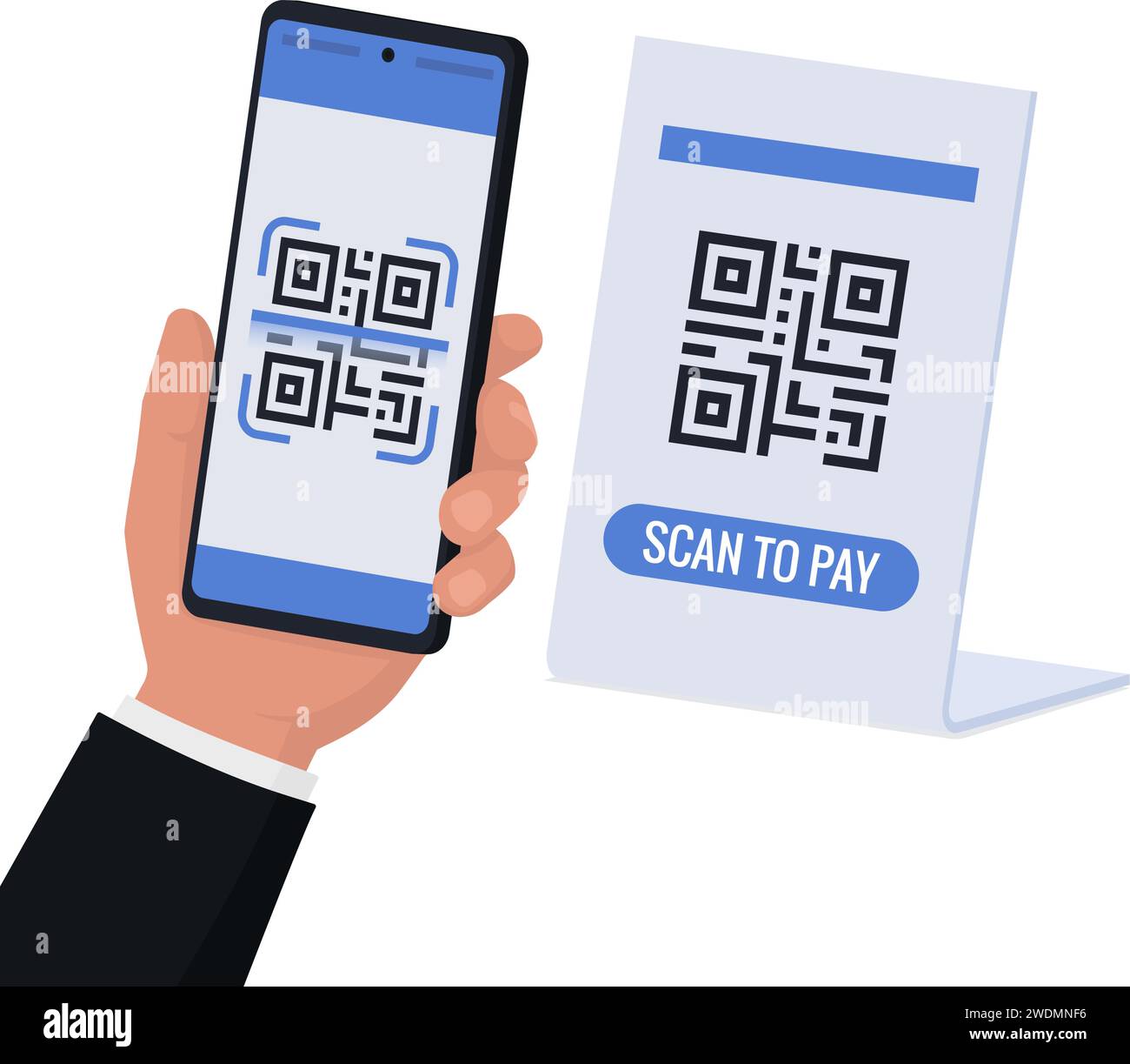 Customer scanning a QR code with his smartphone and making a payment in a shop Stock Vector