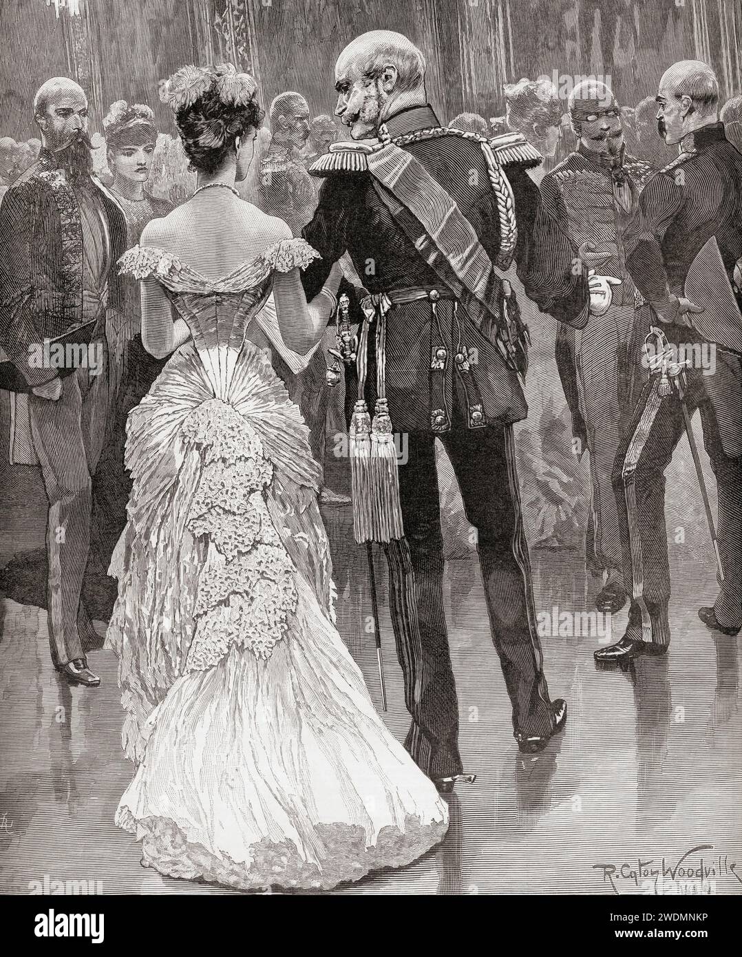 The king of Prussia, at a court ball in 1884, pointing out Bismarck, his new minister of state.  'The king's health visibly mended. 'Voila mon medecin!' he exclaimed, pointing to Bismarck, when a Russian princess complimented him on his altered looks'.  William I or Wilhelm I, 1797 – 1888. King of Prussia from 2 January, 1861 and German Emperor from 18 January 1871 - 1888.  From The London Illustrated News, published March 26, 1887. Stock Photo