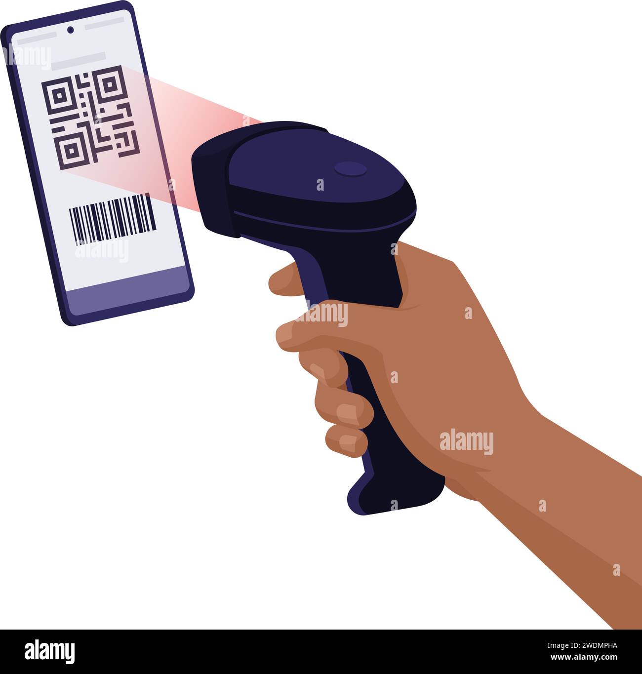 Scanner recognizing and reading a QR code on smartphone screen, QR code payments concept Stock Vector