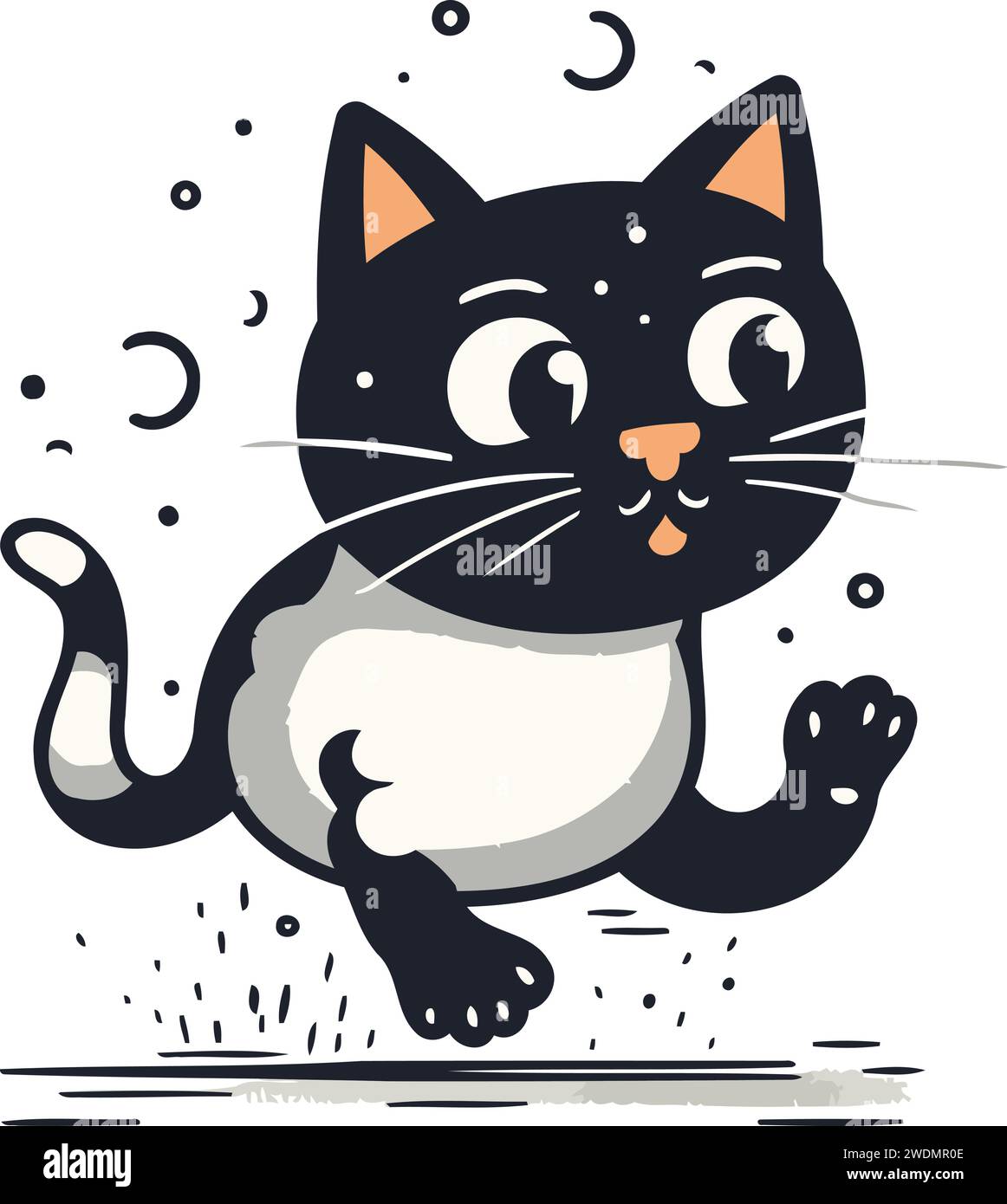 Cute cartoon black cat jumping. Vector illustration isolated on white background Stock Vector