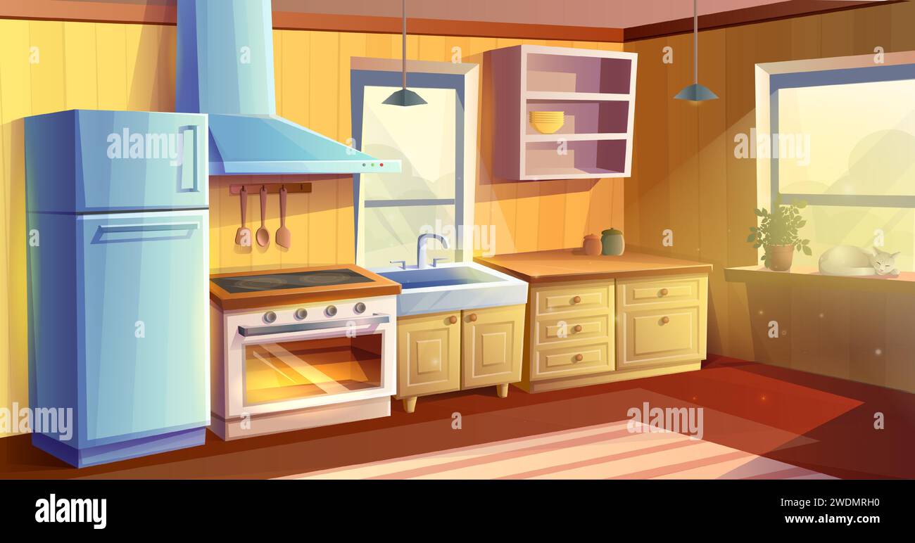 cartoon style illustration of kitchen room. Dining room. Fridge, oven with a stove and hob, sink, kabinets and extractor hood. Stock Vector