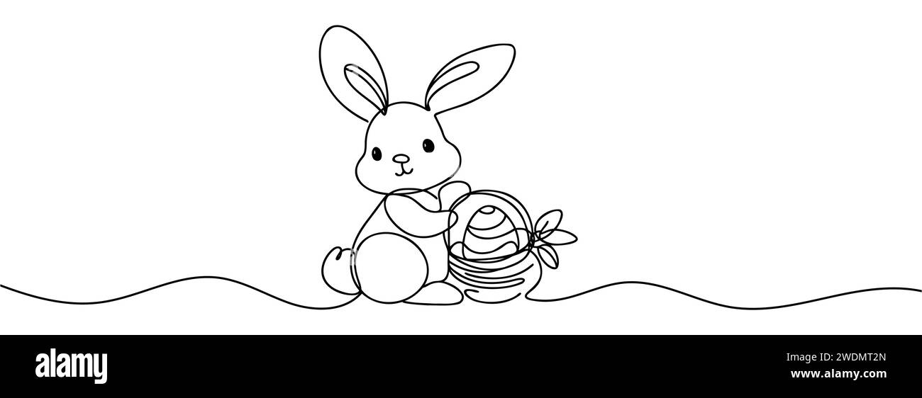 Easter bunny with colored eggs drawn in one line. Stock Vector