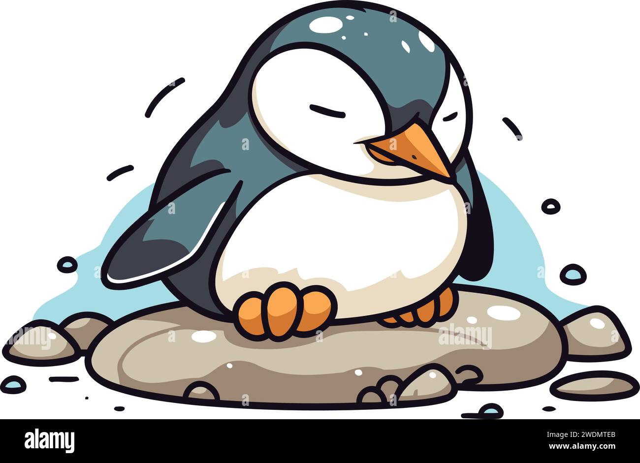 Cute penguin sitting on rock. Hand drawn vector illustration Stock